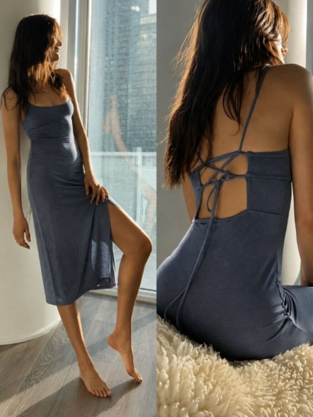 Aritzia Wilfred Dreamweaver Midi Slit Tie Back Dress Slate Blue Size XS